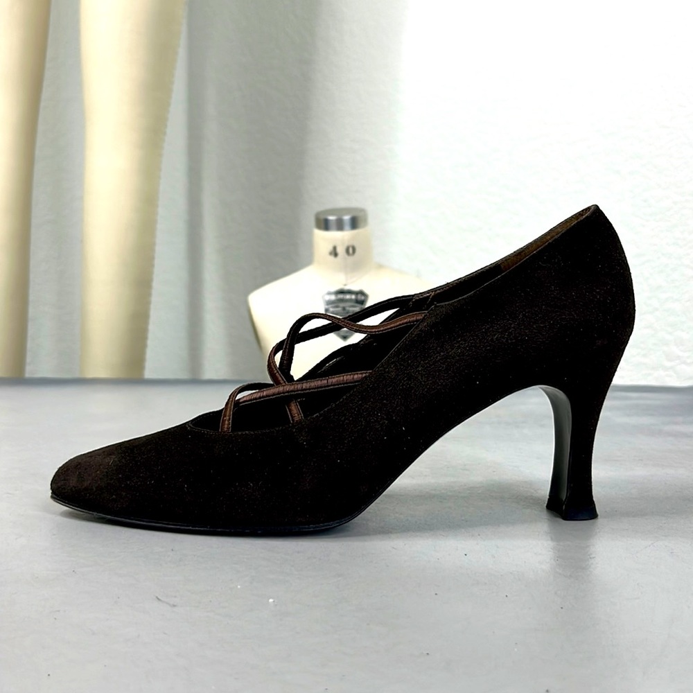 Stuart Weitzman Mr Seymour Double X Pump Suede Elastic Caged Point Toe Heels